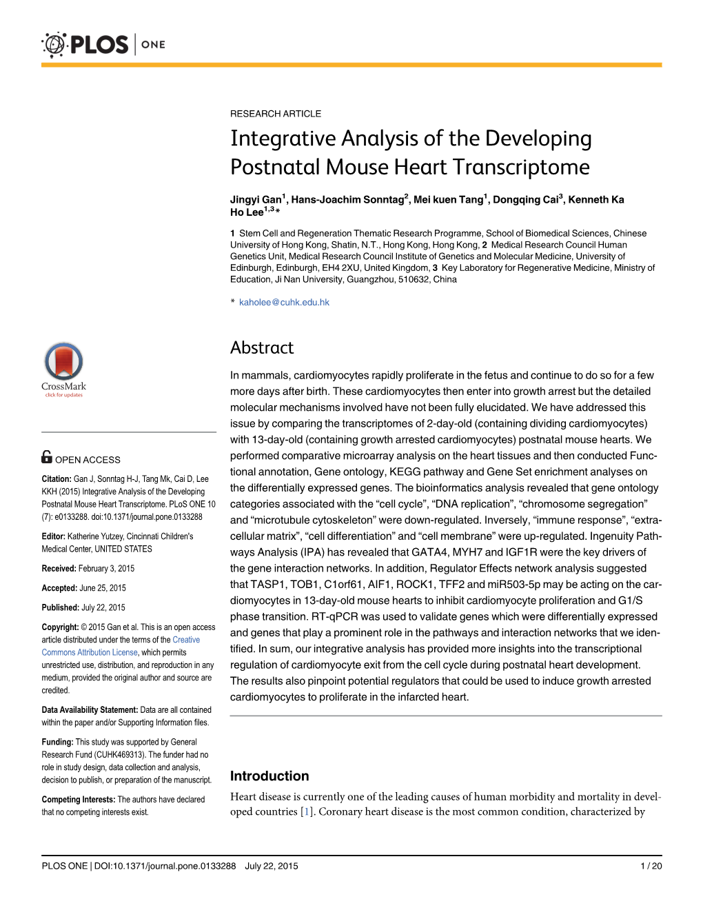 Integrative Analysis of the Developing Postnatal Mouse Heart Transcriptome