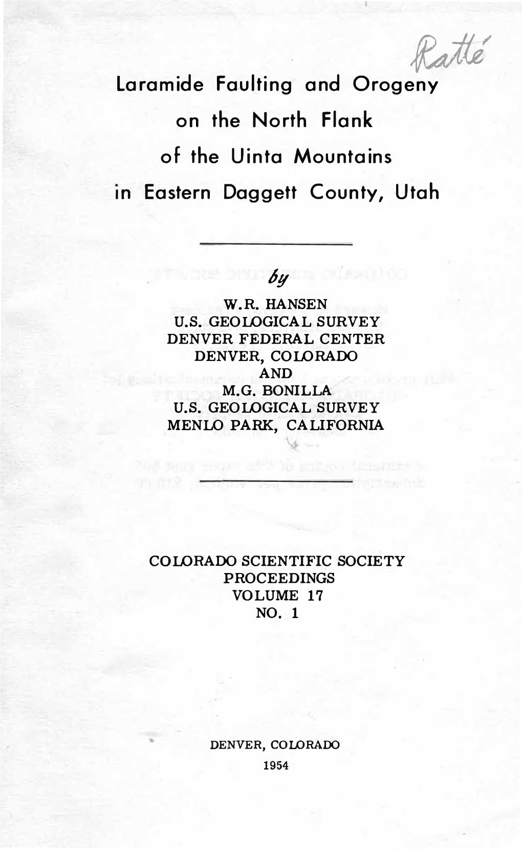 Laramide Faulting and Orogeny on the North Flank of the Uinta Mountains M Eastern Daggett County, Utah