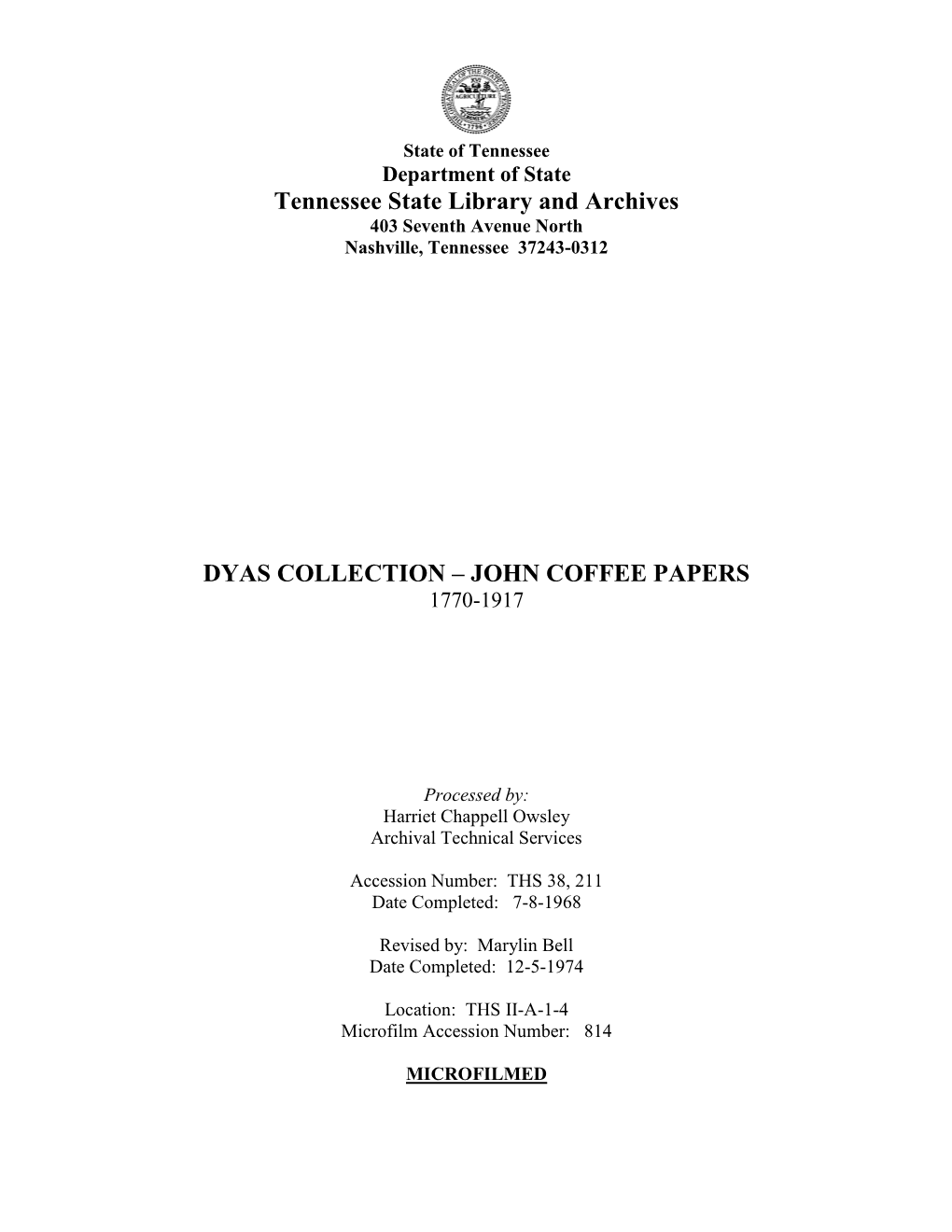 John Coffee Papers 1770-1917