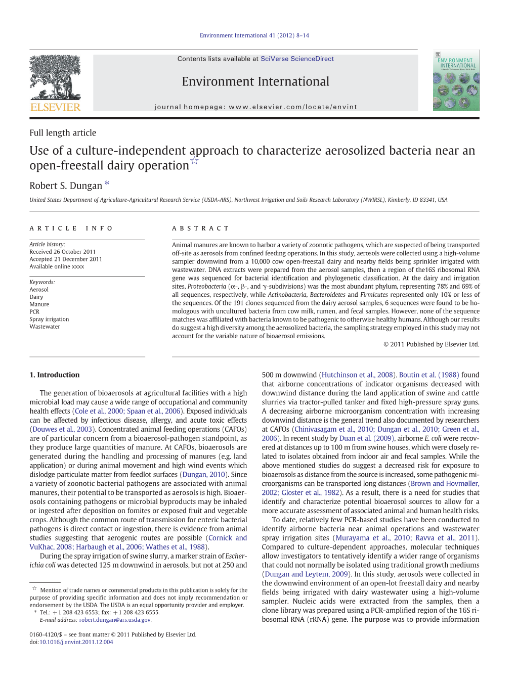 Use of a Culture-Independent Approach to Characterize Aerosolized Bacteria Near an Open-Freestall Dairy Operation☆