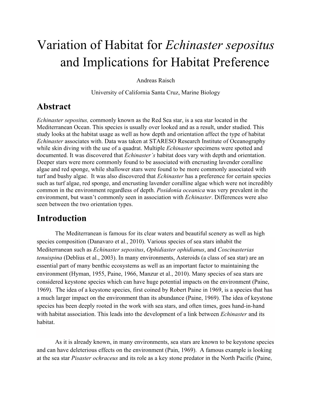 Variation of Habitat for Echinaster Sepositus and Implications for Habitat Preference