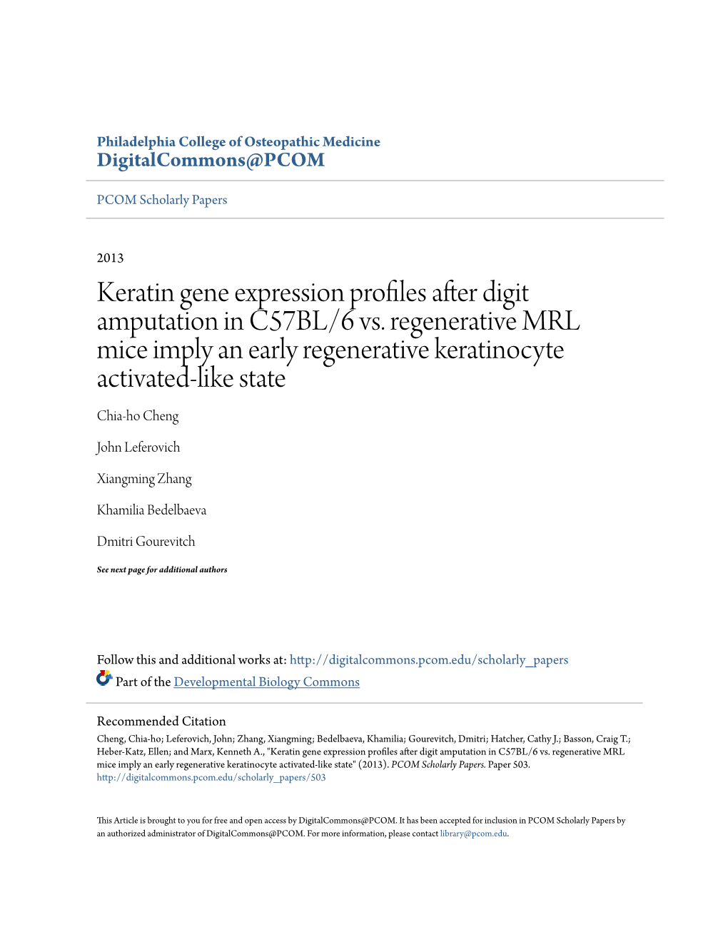 Keratin Gene Expression Profiles After Digit Amputation in C57BL/6 Vs