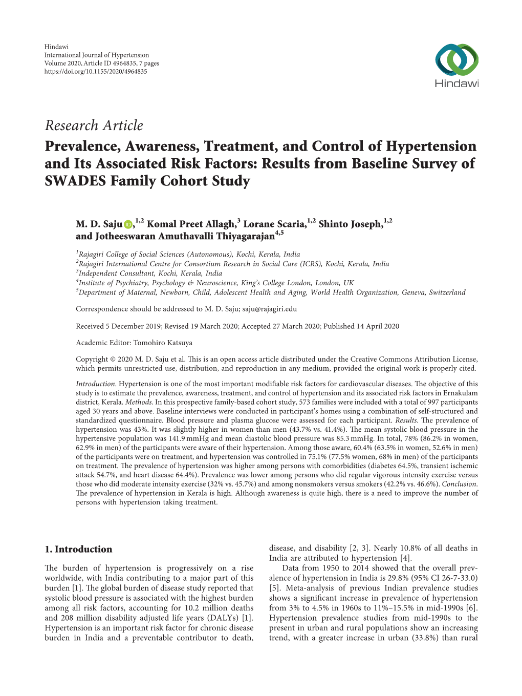 Prevalence, Awareness, Treatment, and Control of Hypertension and Its Associated Risk Factors: Results from Baseline Survey of SWADES Family Cohort Study