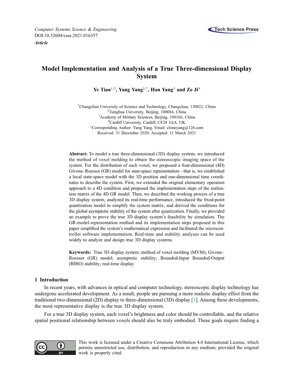 Model Implementation and Analysis of a True Three-Dimensional Display System