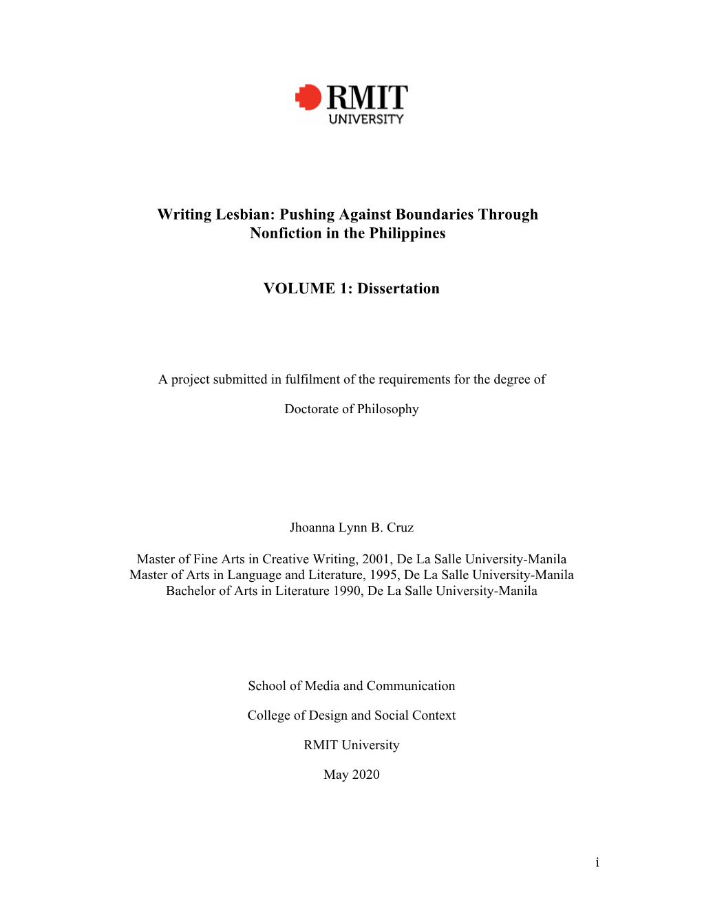 Writing Lesbian: Pushing Against Boundaries Through Nonfiction in the Philippines VOLUME 1: Dissertation