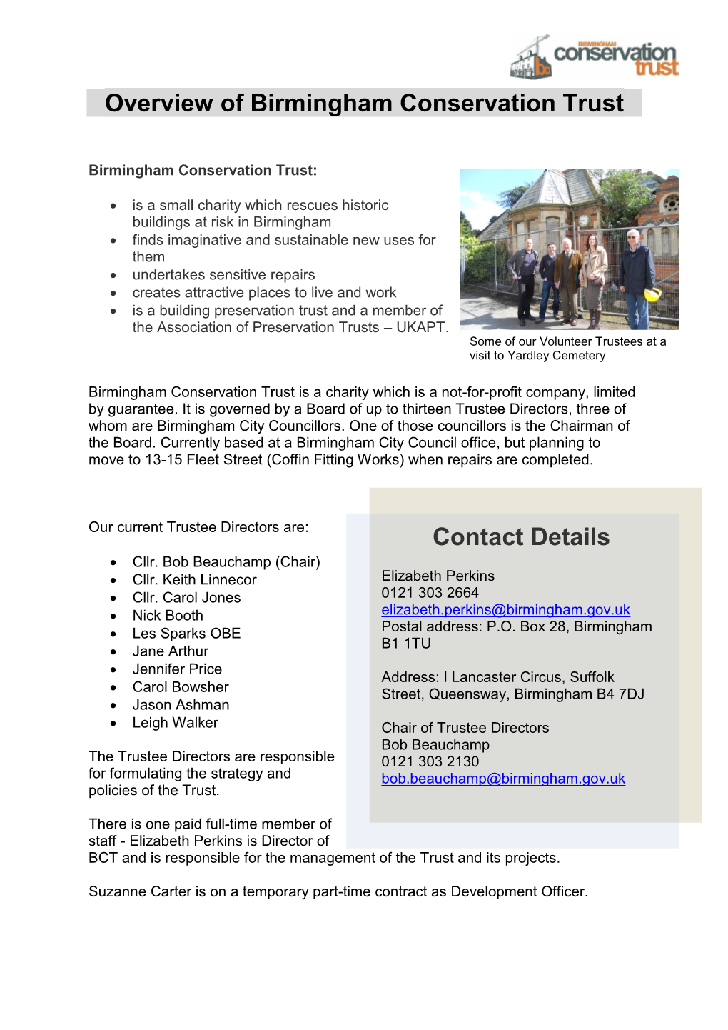Overview of Birmingham Conservation Trust Contact Details