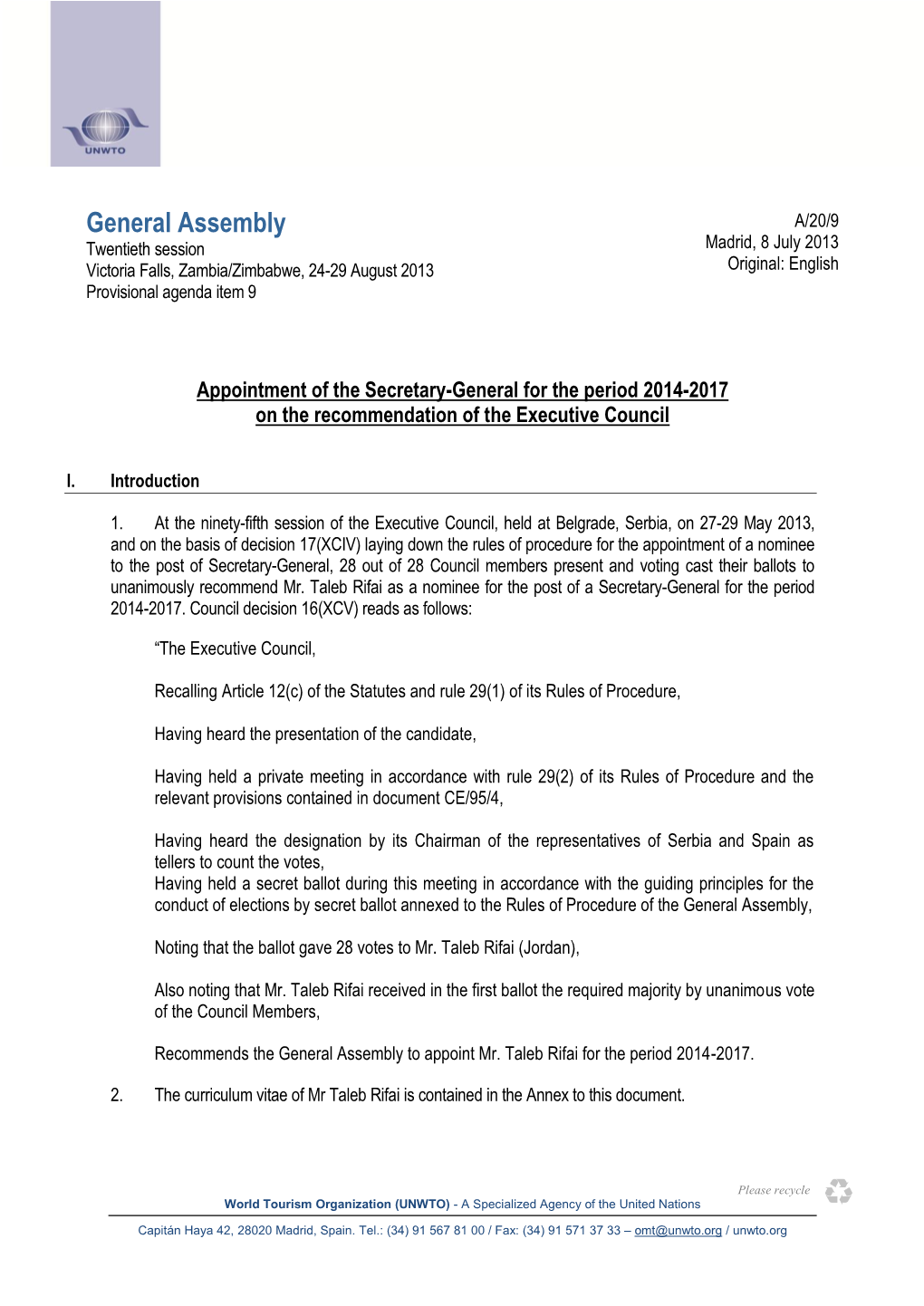 9. Appointment of the Secretary-General