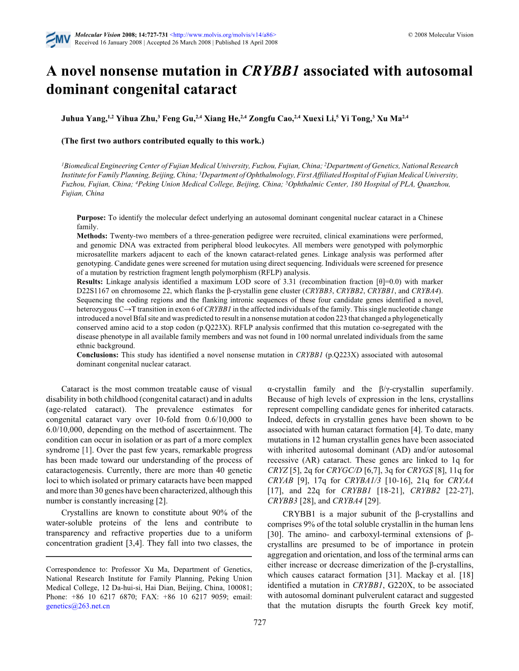 A Novel Nonsense Mutation in CRYBB1 Associated with Autosomal Dominant Congenital Cataract