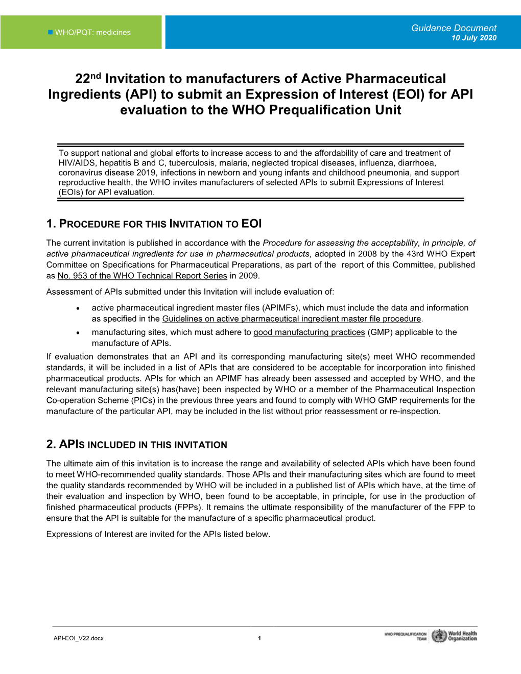 (API) to Submit an Expression of Interest (EOI) for API Evaluation to the WHO Prequalification Unit