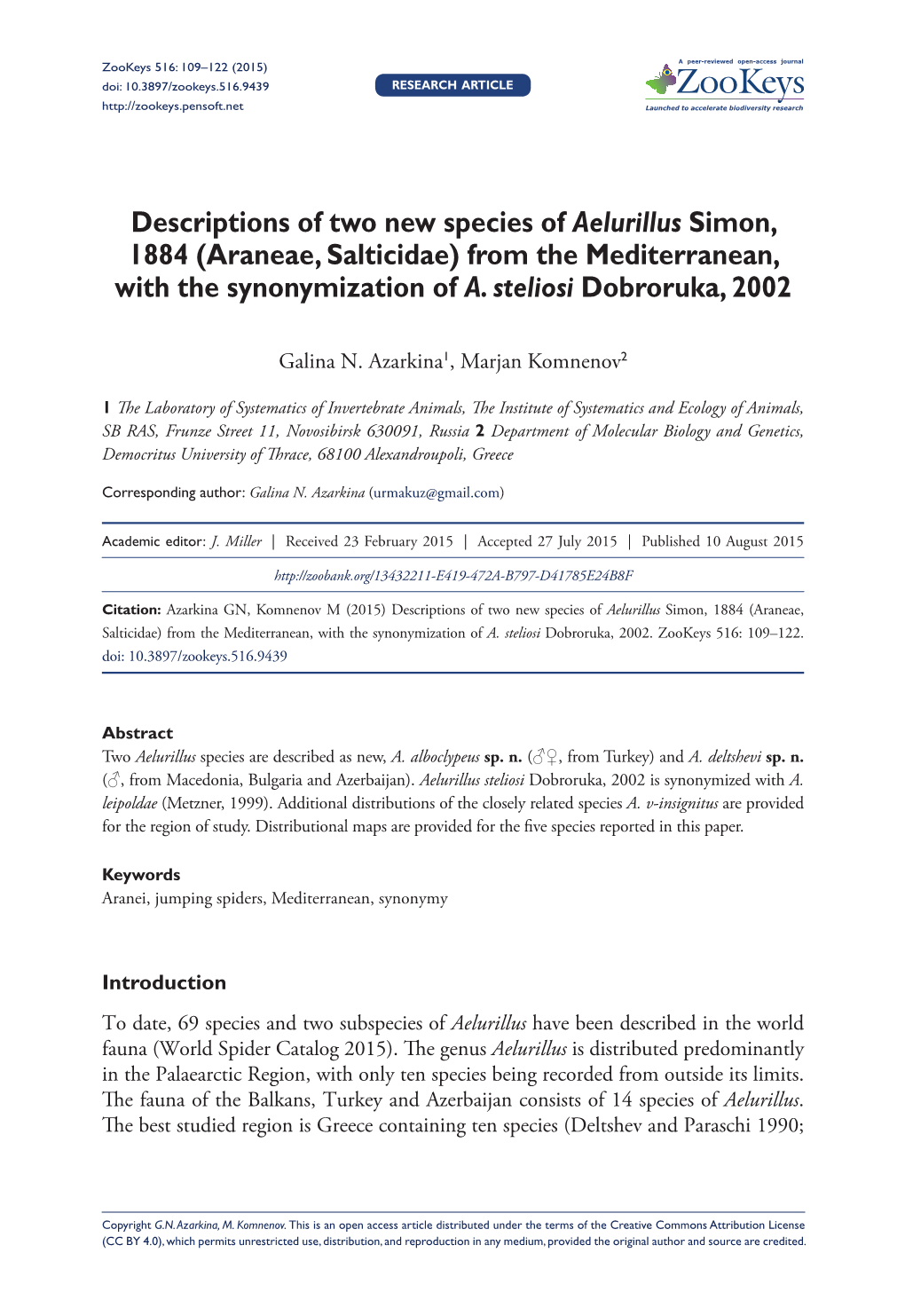 ﻿Descriptions of Two New Species of Aelurillus Simon, 1884 (Araneae, Salticidae) from the Mediterranean, with the Synonymizati