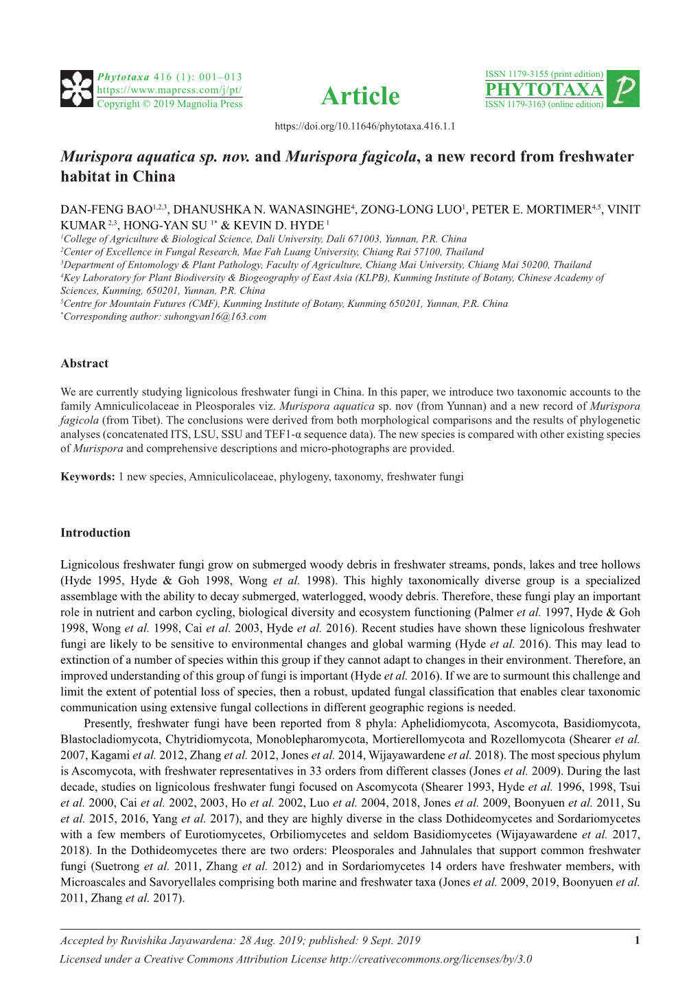 Murispora Aquatica Sp. Nov. and Murispora Fagicola, a New Record from Freshwater Habitat in China