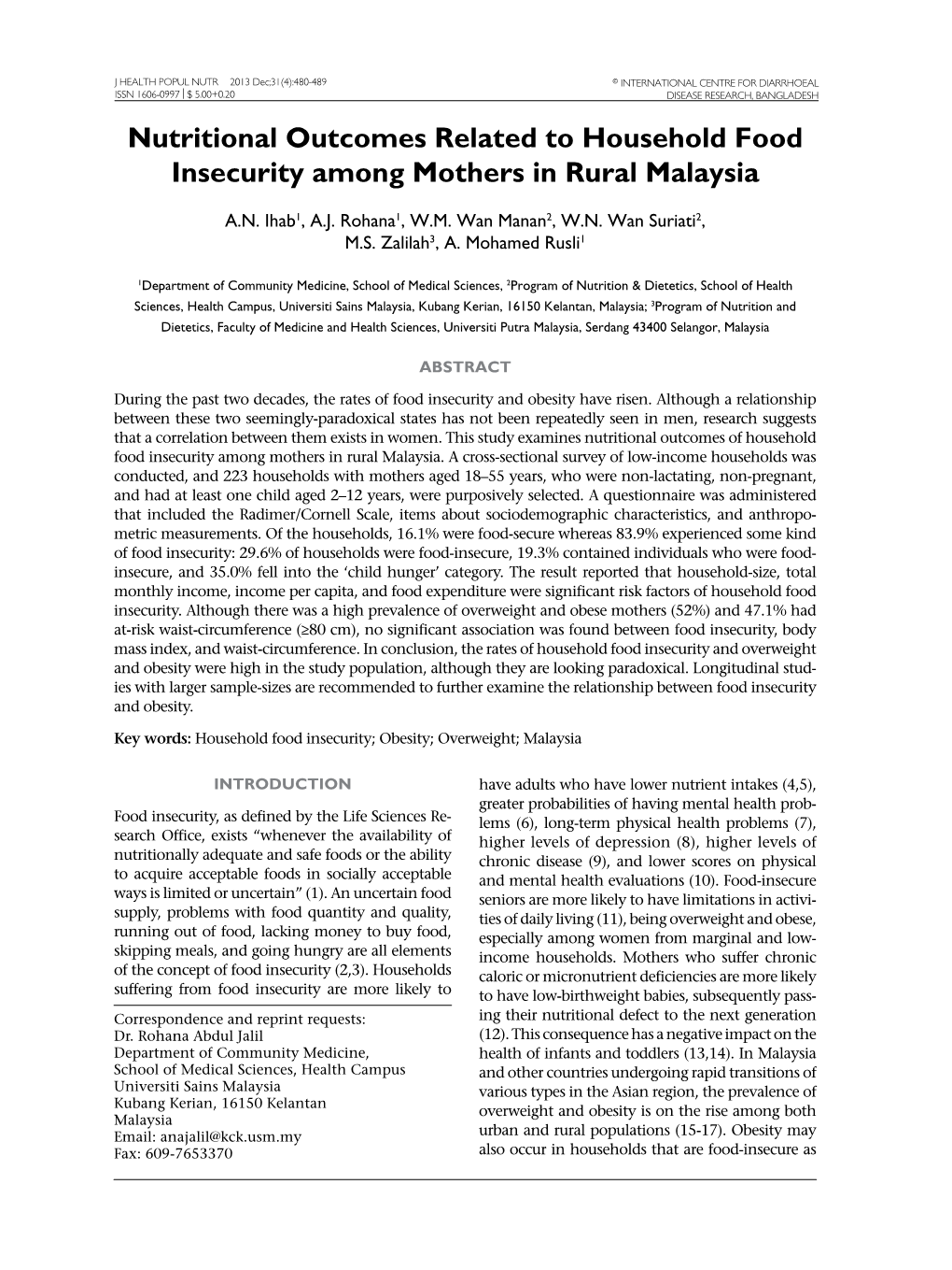 Nutritional Outcomes Related to Household Food Insecurity Among Mothers in Rural Malaysia