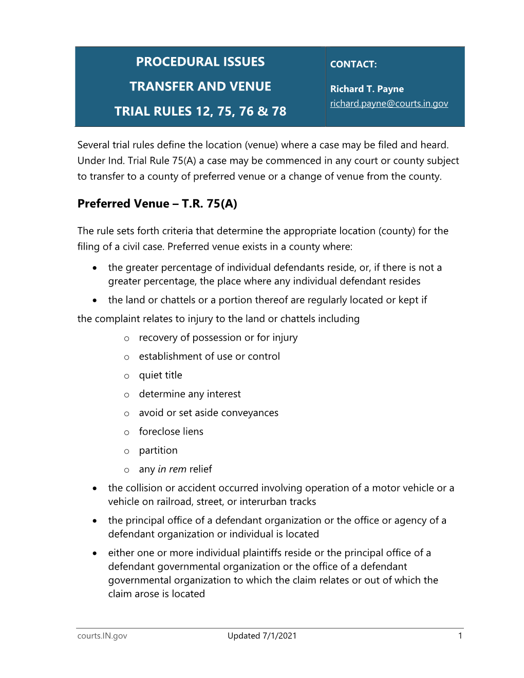 Procedural Issues Transfer and Venue Trial Rules 12, 75, 76 & 78