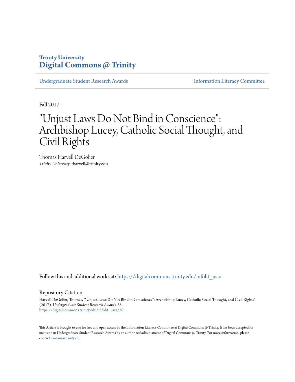 Archbishop Lucey, Catholic Social Thought, and Civil Rights Thomas Harvell Degolier Trinity University, Tharvell@Trinity.Edu