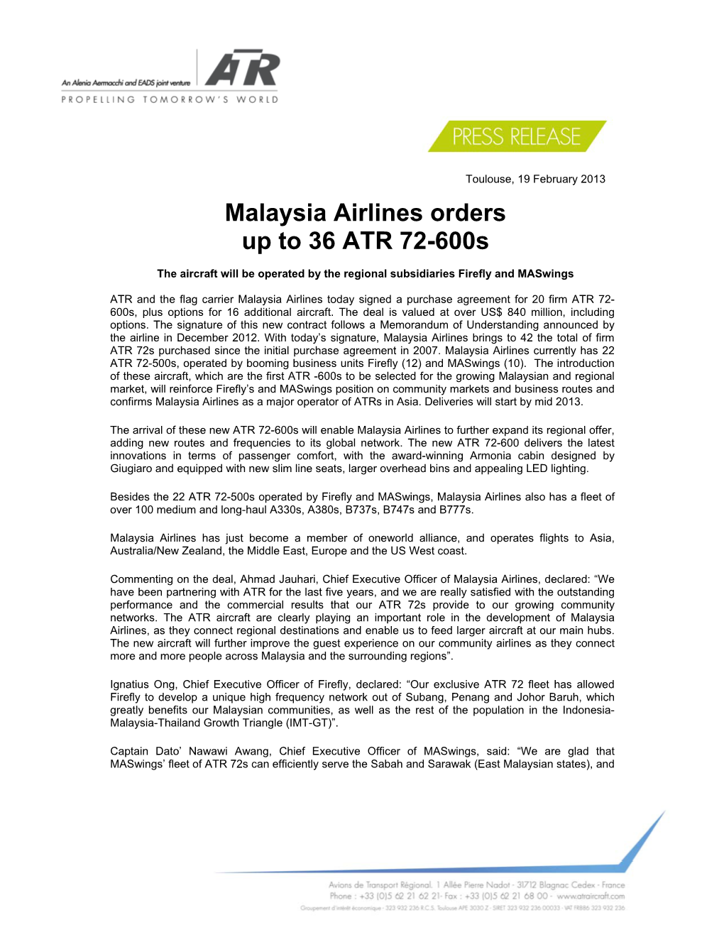 Malaysia Airlines Orders up to 36 ATR 72-600S