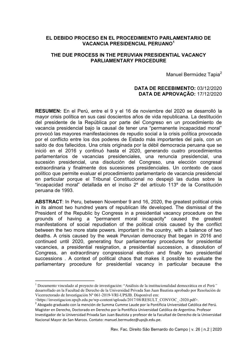 El Debido Proceso En El Procedimiento Parlamentario De Vacancia Presidencial Peruano1