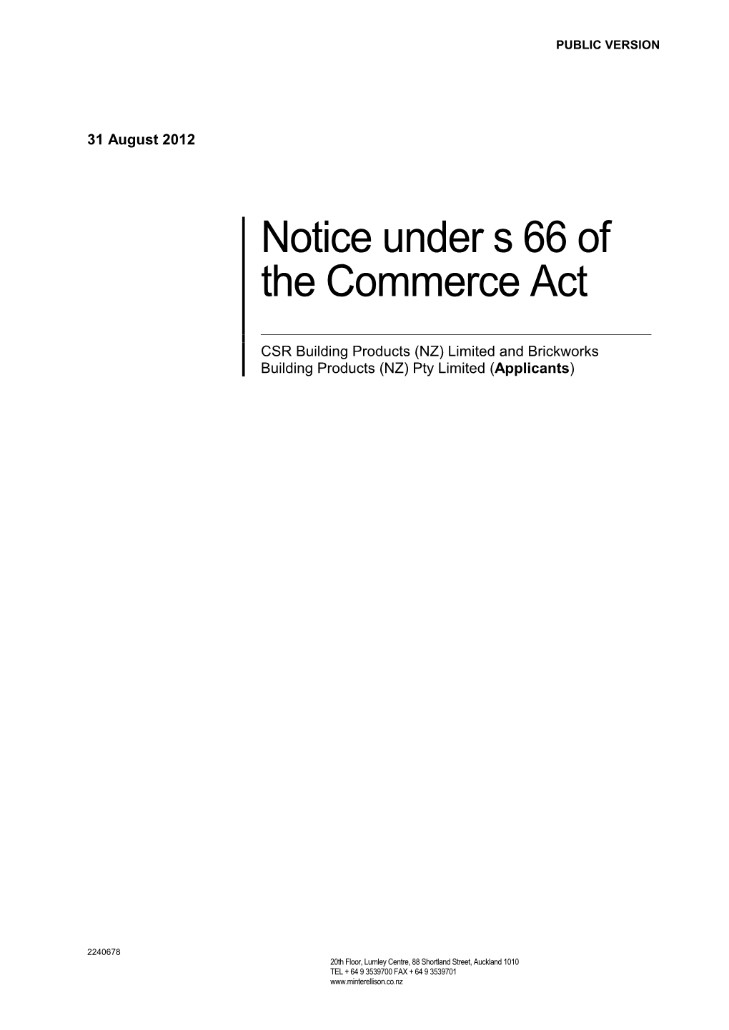 Notice Under S 66 of the Commerce Act