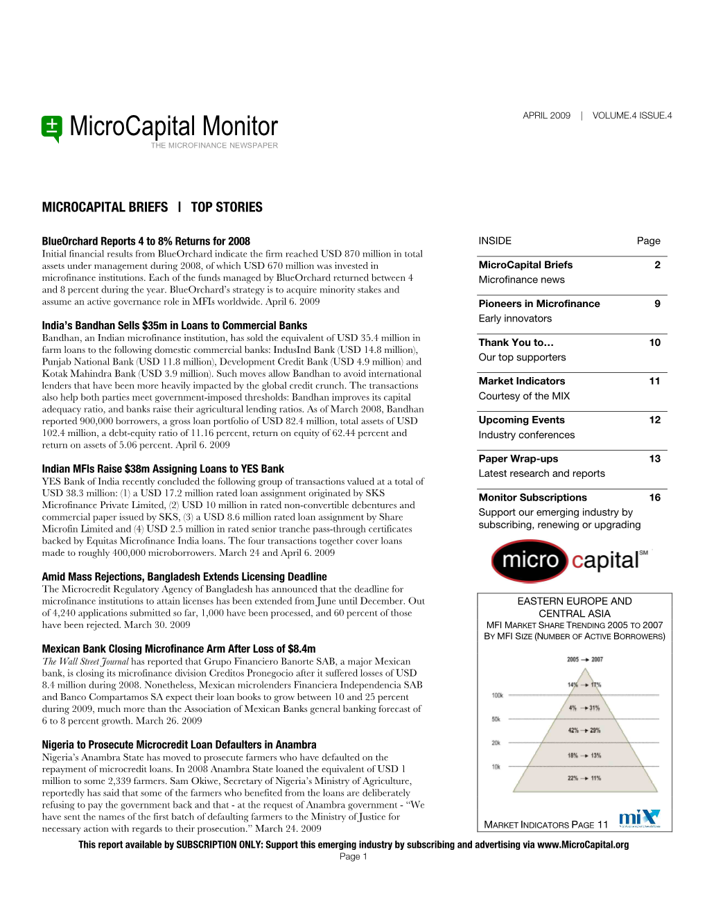 Microcapital Monitor APRIL 2009 | VOLUME.4 ISSUE.4 the MICROFINANCE NEWSPAPER