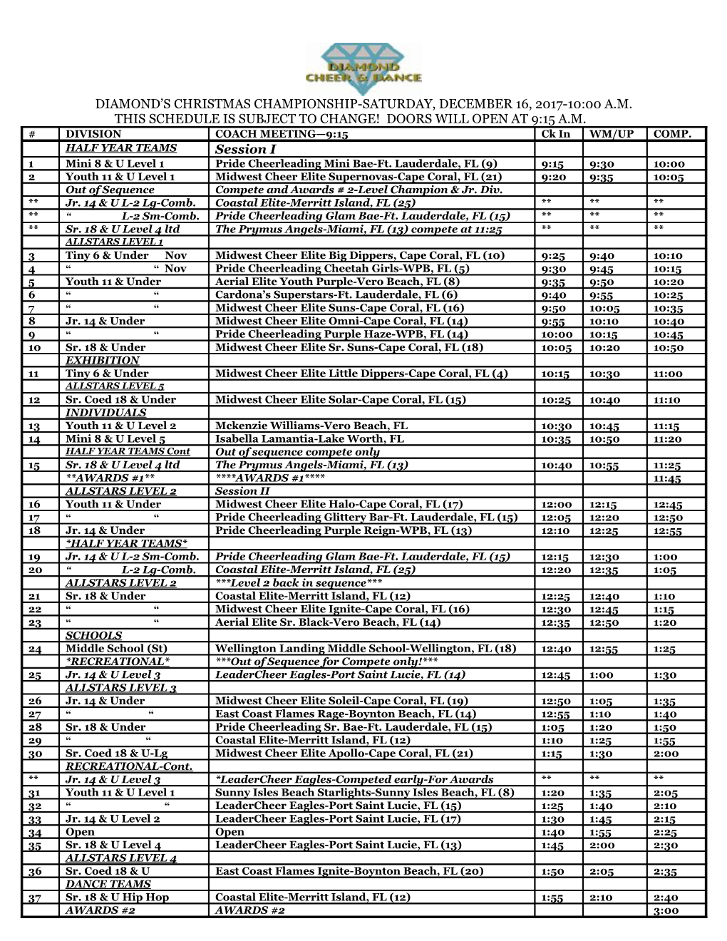 This Schedule Is Subject to Change! Doors Will Open at 9:15 A.M s1