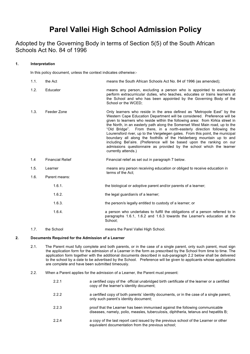 Parel Vallei High School Admission Policy