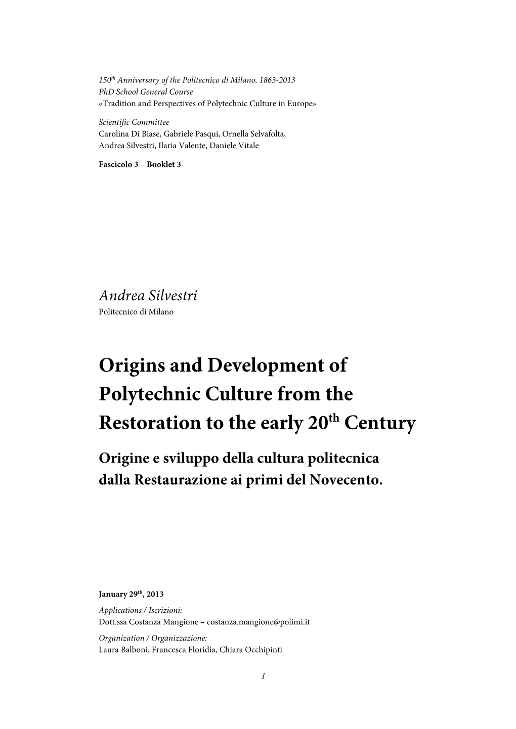 Origins and Development of Polytechnic Culture from the Restoration to the Early 20Th Century