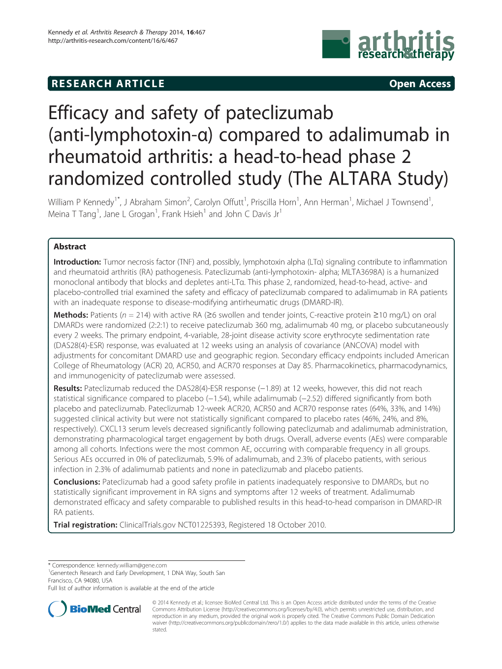 Efficacy and Safety of Pateclizumab (Anti-Lymphotoxin-Α) Compared To