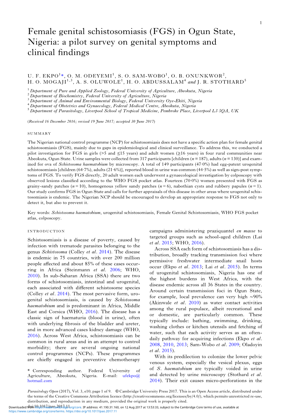 Female Genital Schistosomiasis in Ogun State, Nigeria