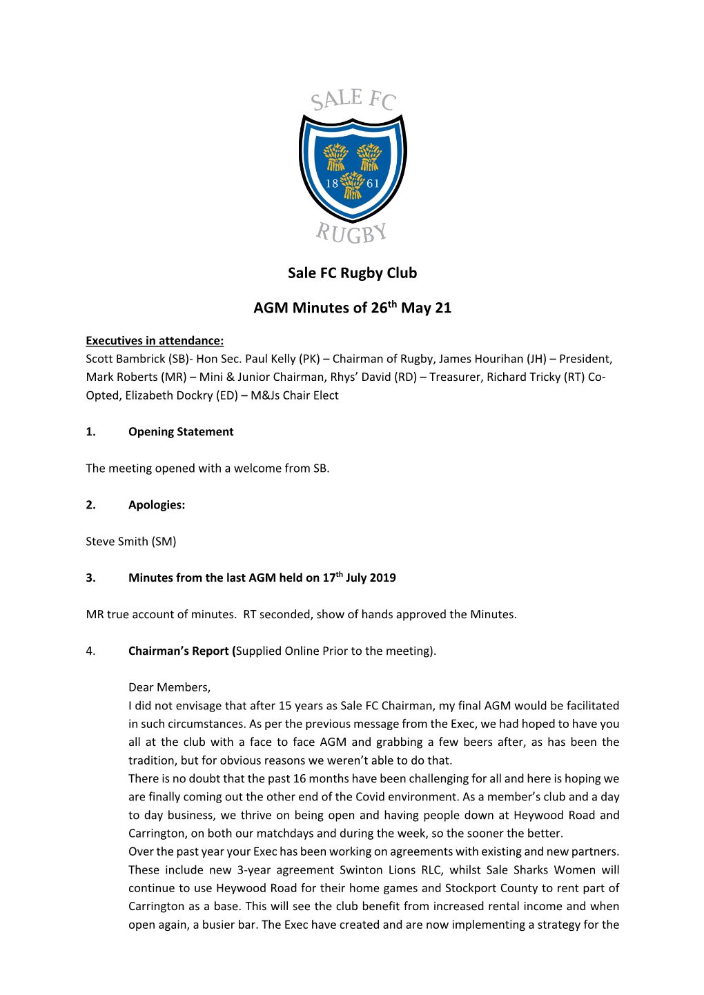 Sale FC Rugby Club AGM Minutes of 26Th May 21