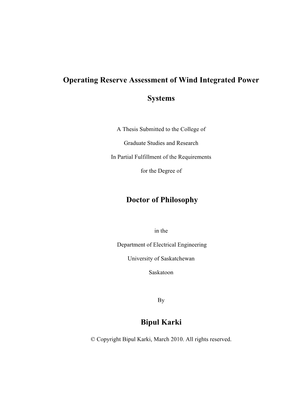 Operating Reserve Assessment of Wind Integrated Power