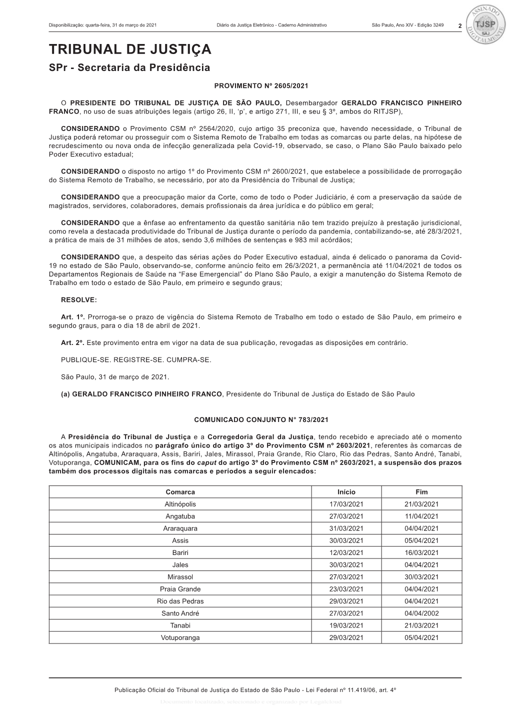 TRIBUNAL DE JUSTIÇA Spr - Secretaria Da Presidência