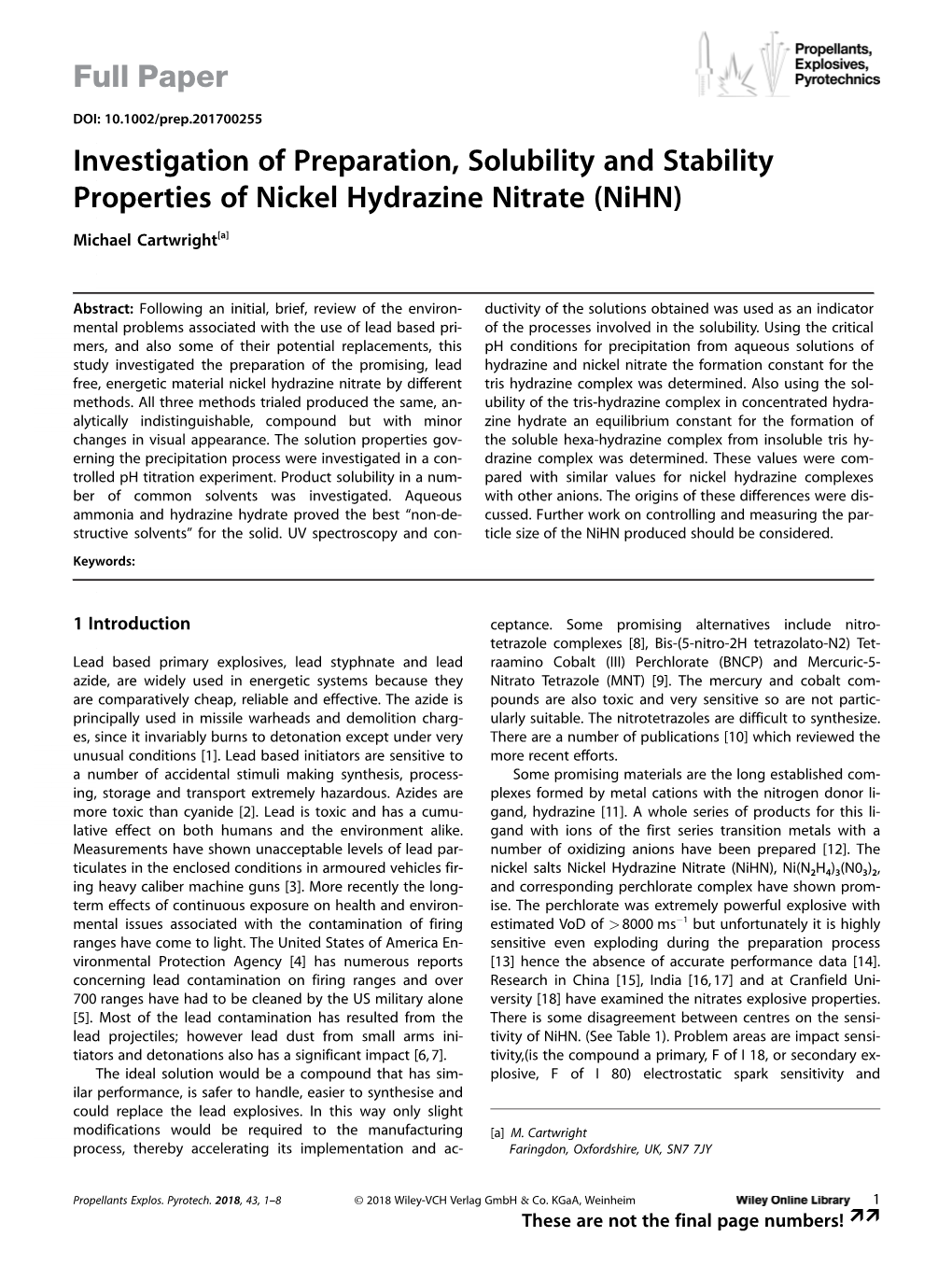 Investigation of Preparation, Solubility and Stability Properties of Nickel Hydrazine Nitrate (Nihn)
