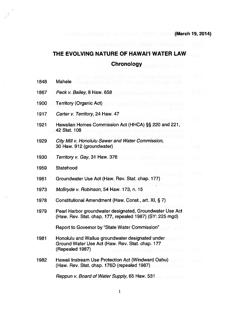 THE EVOLVING NATURE of HAWAI'i WATER LAW Chronology