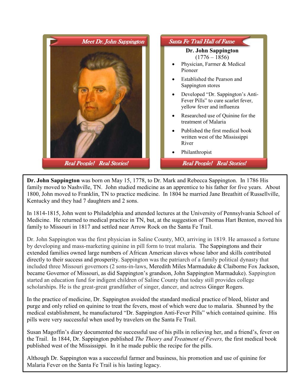 Dr. John Sappington Santa Fe Trail Hall of Fame • F Dr