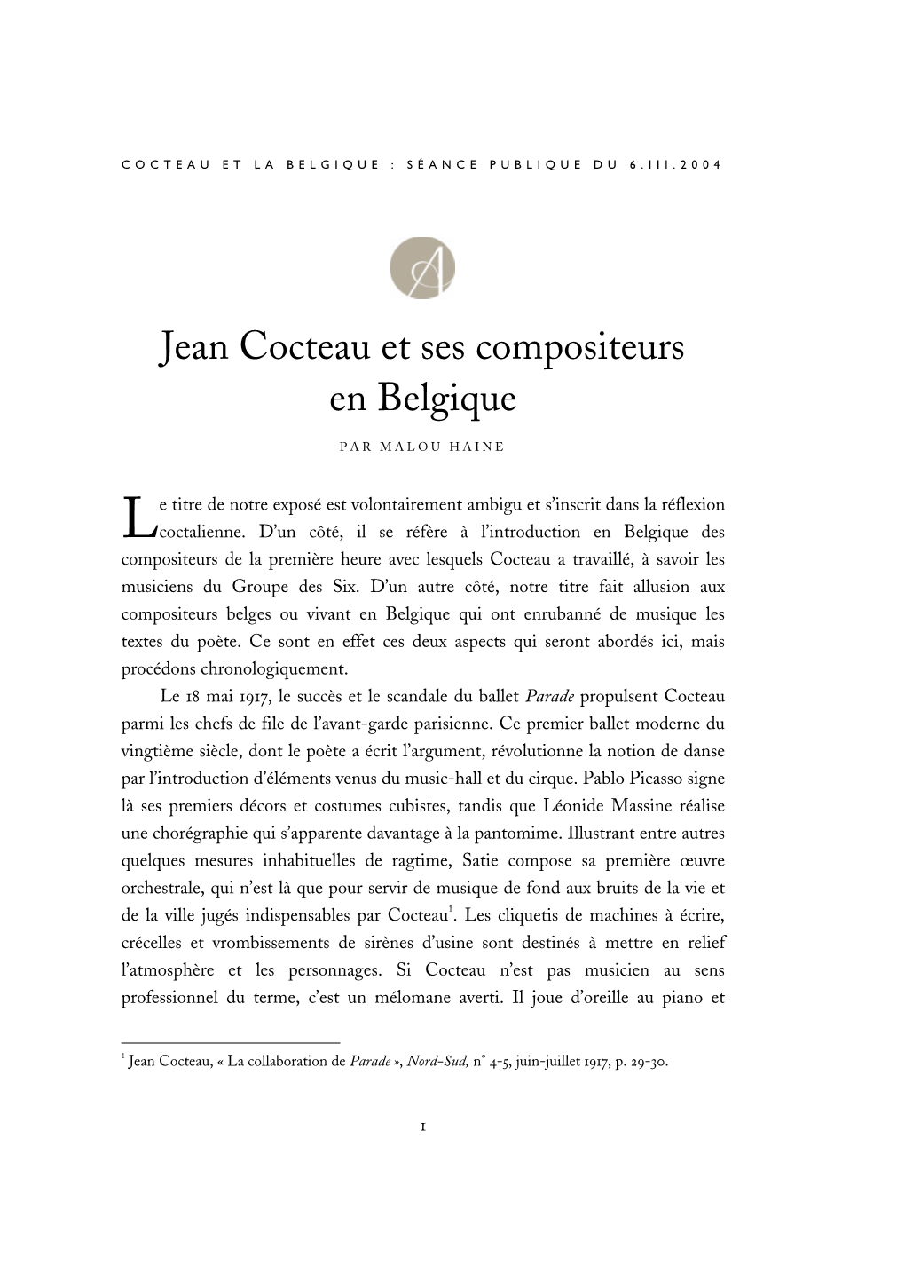 Jean Cocteau Et Ses Compositeurs En Belgique