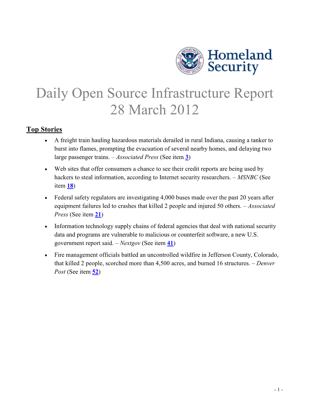 Department of Homeland Security Daily Open Source Infrastructure