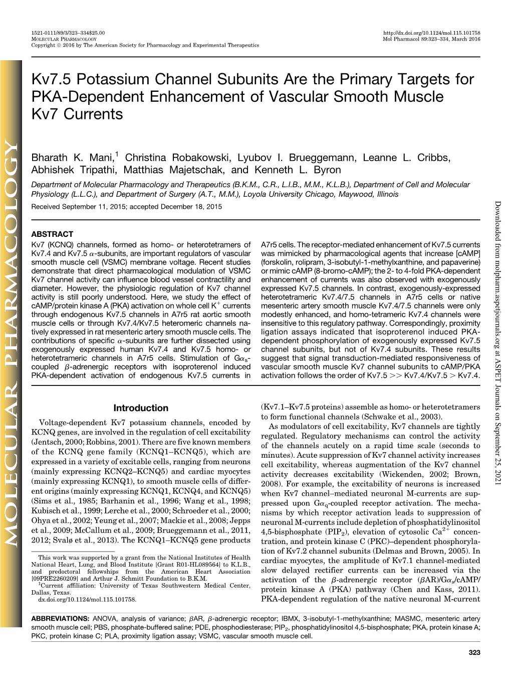 Kv7.5 Potassium Channel Subunits Are the Primary Targets for PKA-Dependent Enhancement of Vascular Smooth Muscle Kv7 Currents