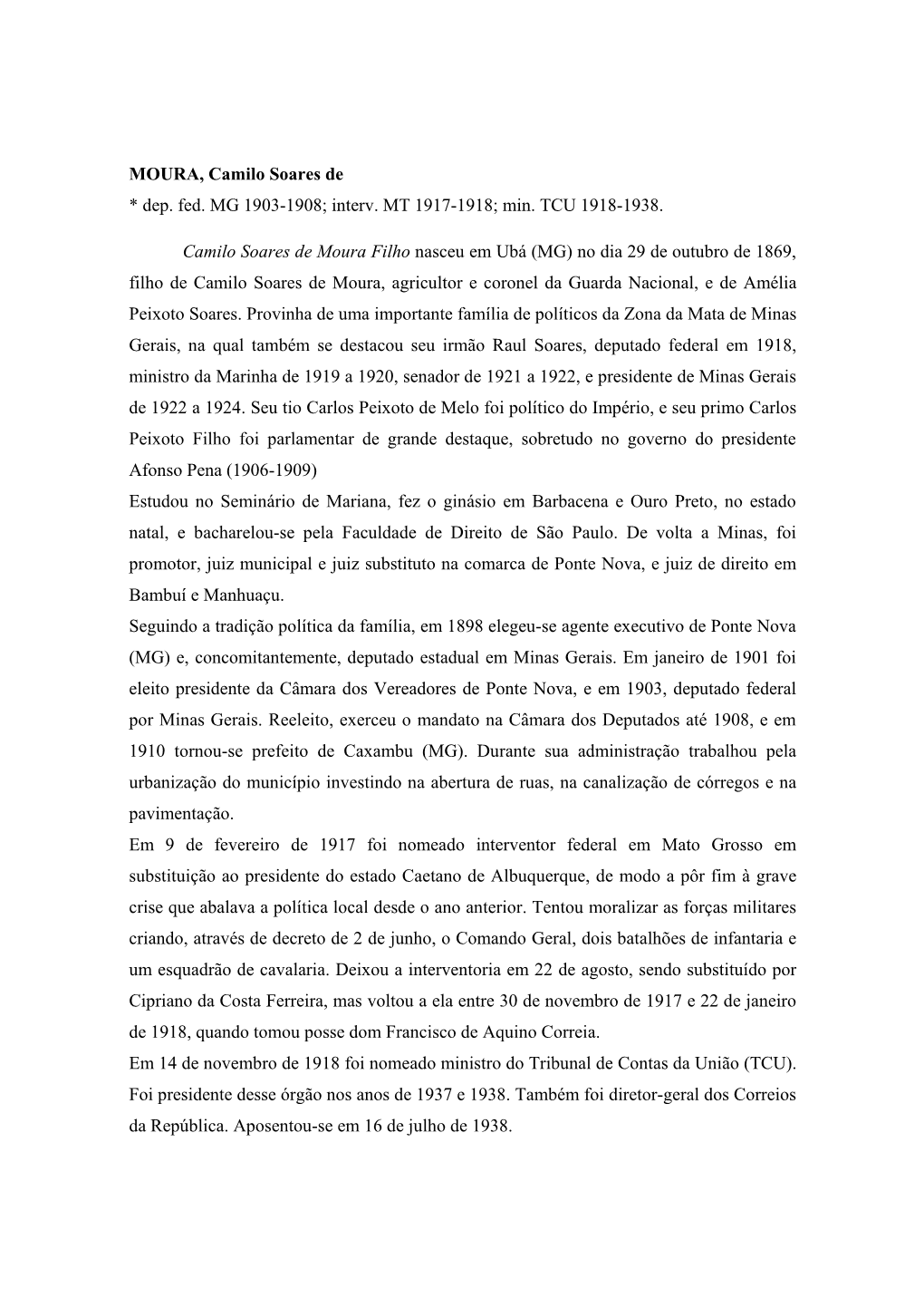 Min. TCU 1918-1938. Camilo Soares De Moura Filho Nasceu