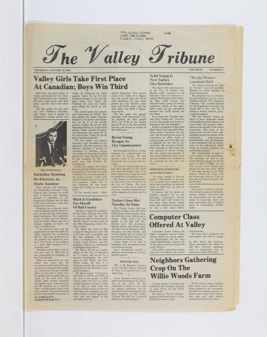 The /Valley Eyribune THURSDAY, JANUARY 12, 1984 VOLUME 24 �NUMBER 31