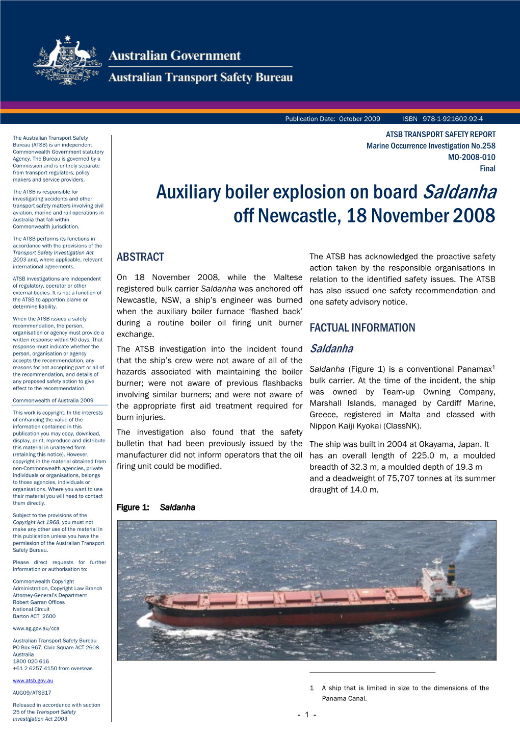Auxiliary Boiler Explosion on Board Saldanha Off Newcastle, 18