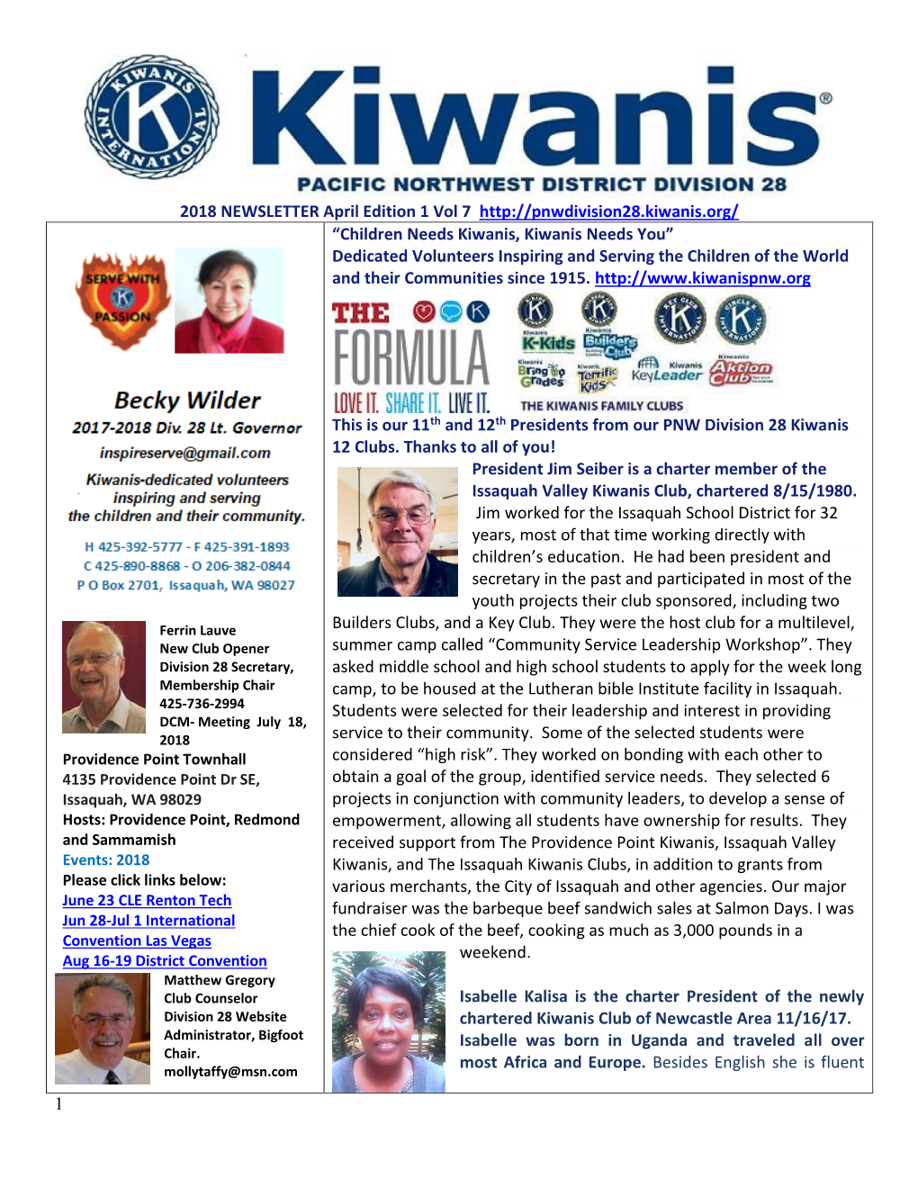 1 2018 NEWSLETTER April Edition 1 Vol 7