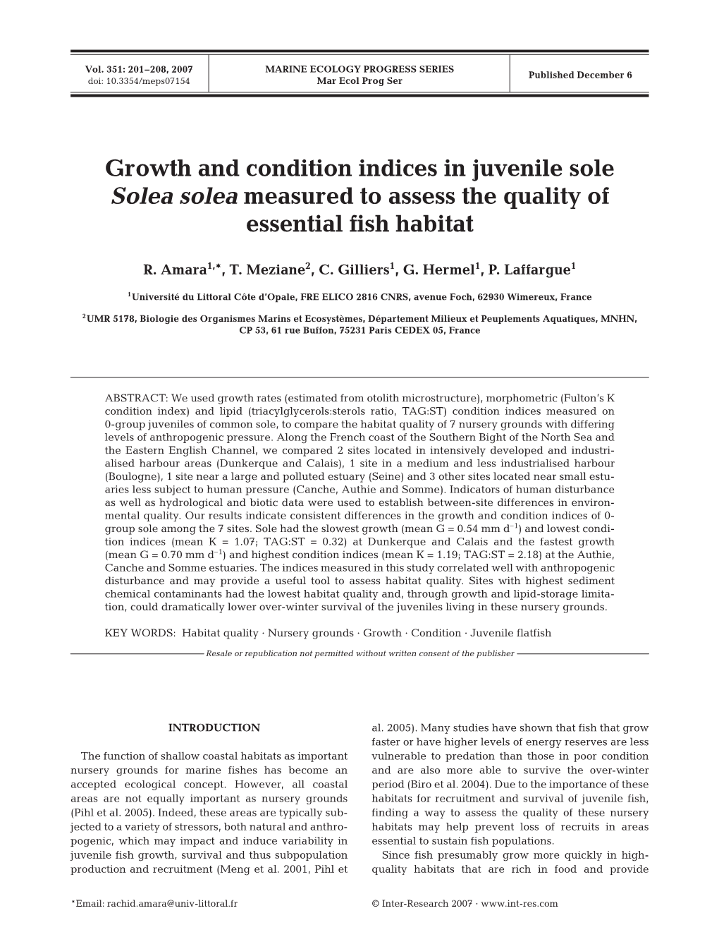 Growth and Condition Indices in Juvenile Sole Solea Solea Measured to Assess the Quality of Essential Fish Habitat
