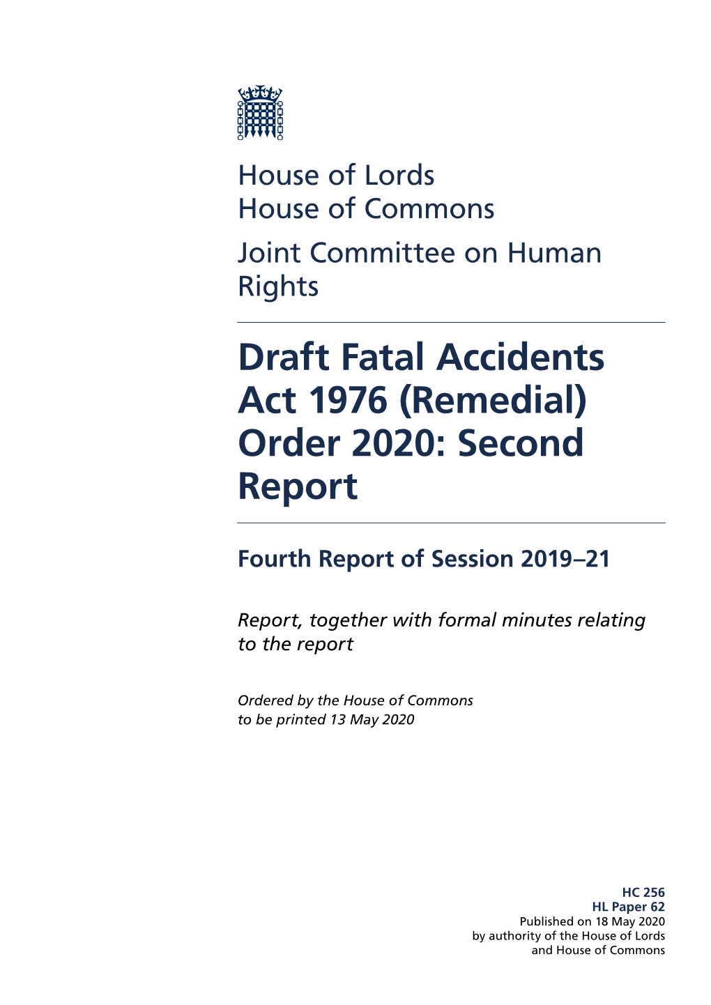 Draft Fatal Accidents Act 1976 (Remedial) Order 2020: Second Report