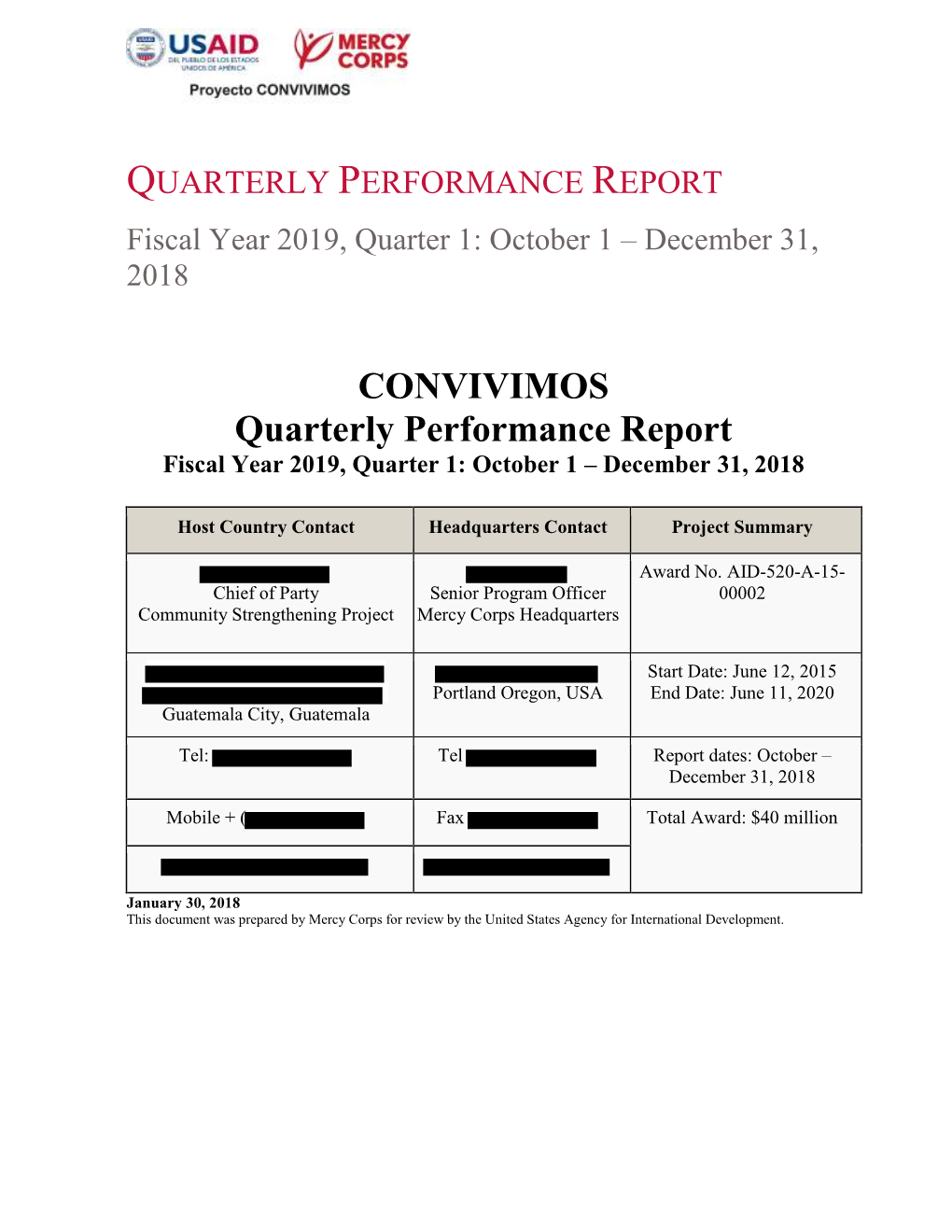 CONVIVIMOS Quarterly Performance Report Fiscal Year 2019, Quarter 1: October 1 – December 31, 2018