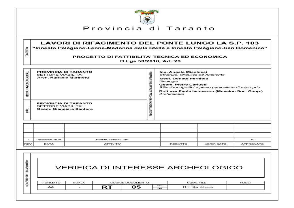 VERIFICA DI INTERESSE ARCHEOLOGICO PROGETTO DI FATTIBILITA' TECNICA ED ECONOMICA SCALA - PRIMA EMISSIONE RT ATTIVITA' CODICE DOCUMENTO D.Lgs 50/2016, Art