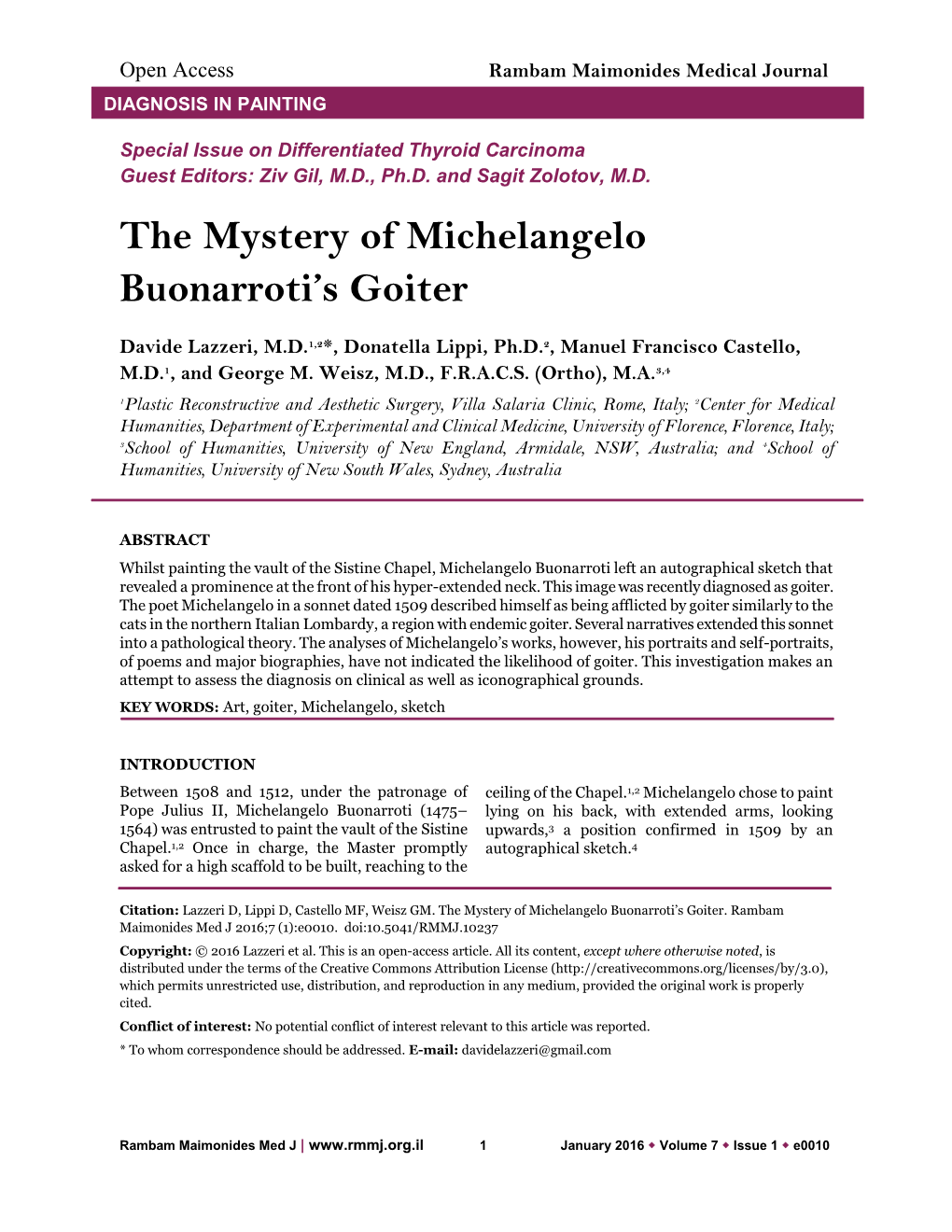 The Mystery of Michelangelo Buonarroti's Goiter