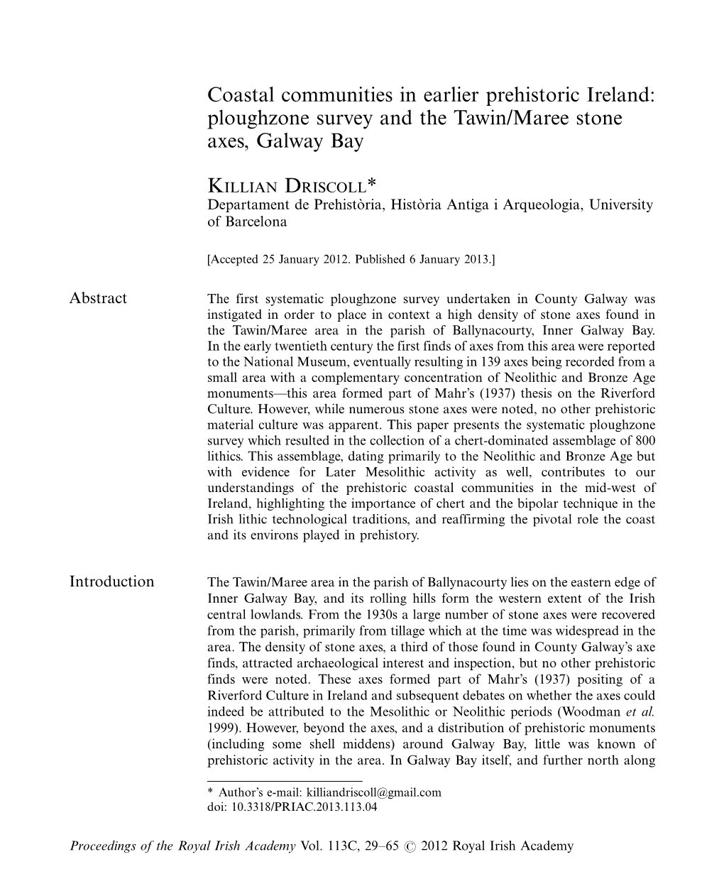 Coastal Communities in Earlier Prehistoric Ireland: Ploughzone Survey and the Tawin/Maree Stone Axes, Galway Bay