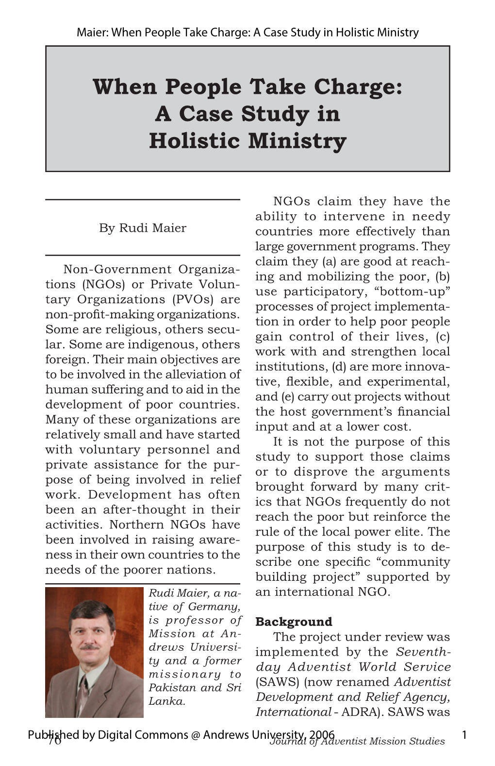 A Case Study in Holistic Ministry