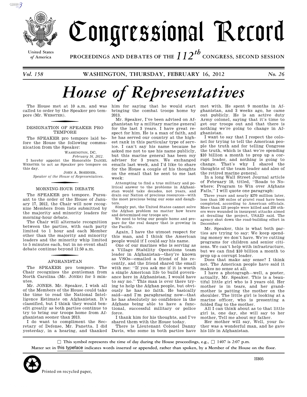 Congressional Record United States Th of America PROCEEDINGS and DEBATES of the 112 CONGRESS, SECOND SESSION