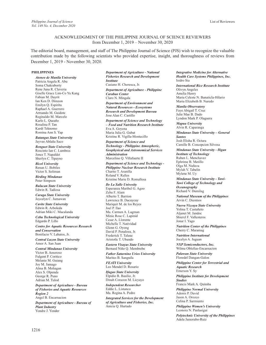 Acknowledgment of the Philippine Journal Of