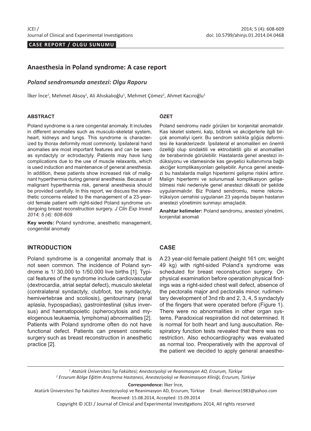 Anaesthesia in Poland Syndrome: a Case Report